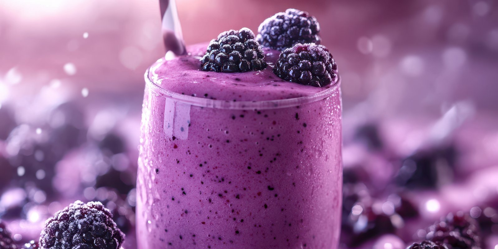 Refreshing berry smoothie with blackberries served in a glass on a vibrant background